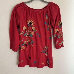 Scully Top Womens Medium Red Embroidered Floral Western Cowgirl‎ Blouse FLAWS